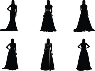 Elegant women evening gown silhouettes, fashion dress flat vector illustration, black dress design, cad drawing, stylish female models posing, modern fashion artwork