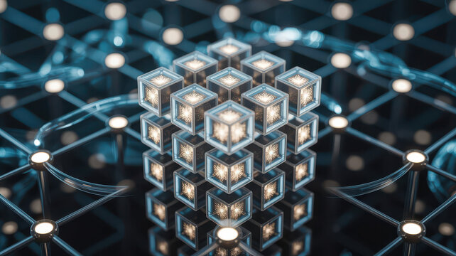 Intricate 3d render of a glowing cube formation at the center of a complex digital network, representing big data, artificial intelligence, and interconnected systems