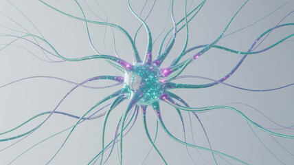Closeup 3d render of a neuron cell body with multiple dendrites branching out, illuminated with vibrant blue and purple light, against a soft gradient background