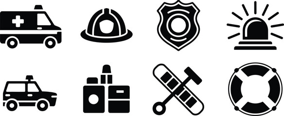 Emergency and safety icons set including ambulance, firefighter helmet, police badge, siren light, patrol car, walkie-talkie, rescue tools. © Its Pro Here