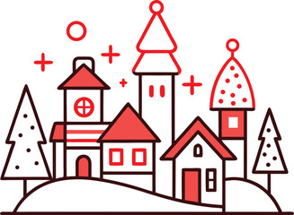 Fototapeta premium Whimsical Christmas Village Illustration with Red Accents and Simple Line Art Style
