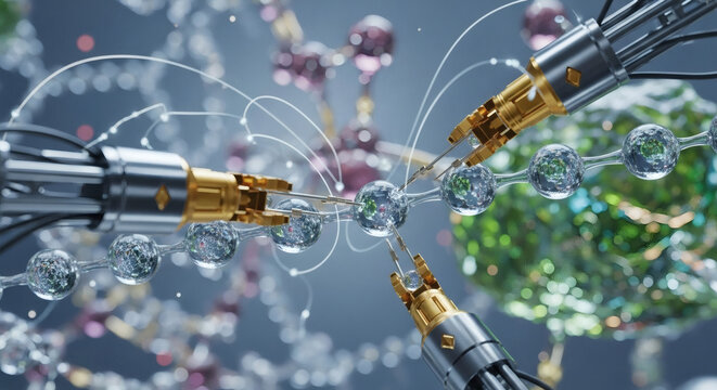 Robotic arms meticulously manipulate glowing spheres representing DNA strands, illustrating advanced genetic engineering and scientific research.