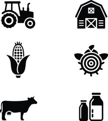 Farm icons, tractor, barn, corn cob, turtle, cow, milk bottles, agriculture, farming tools, rural life, farm animals, crops, dairy products.