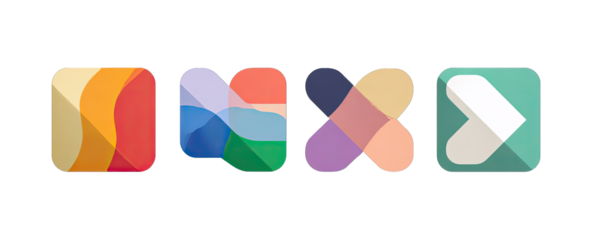 Four colorful pixelated squares with overlapping shapes, creating a design