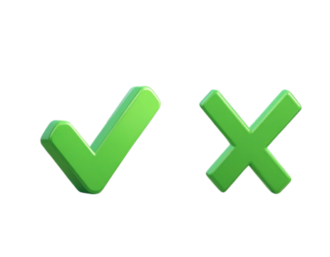 3d minimal green checkmark, cross mark, exclamation mark, and question mark. 3d illus