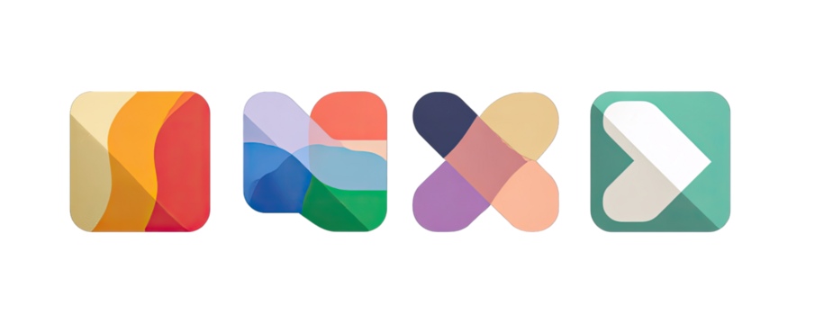 Four colorful pixelated squares with overlapping shapes, creating a design