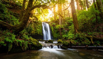Waterfall cascading through lush forest at sunset