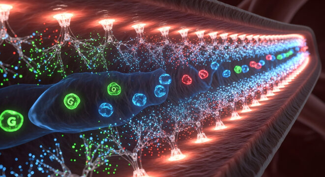 Abstract visualization of a biological process, showing cellular structures and molecular interactions within a confined, illuminated pathway, suggesting sci...