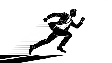 Silhouette of a businessman running fast isolated on white background, determined look