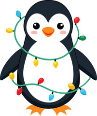 Cute Cartoon Penguin with Christmas Lights Wrapped Around Its Body on White Background