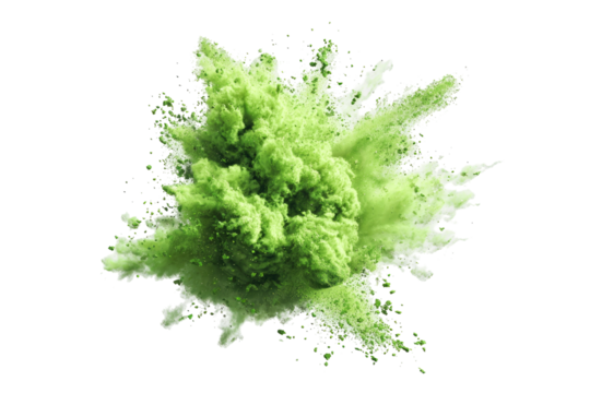 Exploding light-green powder,  a vibrant burst of color against a black background.  A cloud-like shape, with particles radiating outward