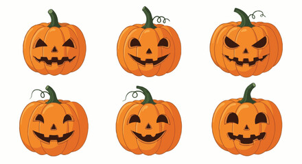 Cartoon Halloween Jack-o'-Lanterns Set - Six Spooky and Happy Carved Pumpkin Faces for Autumn Holiday Design Assets