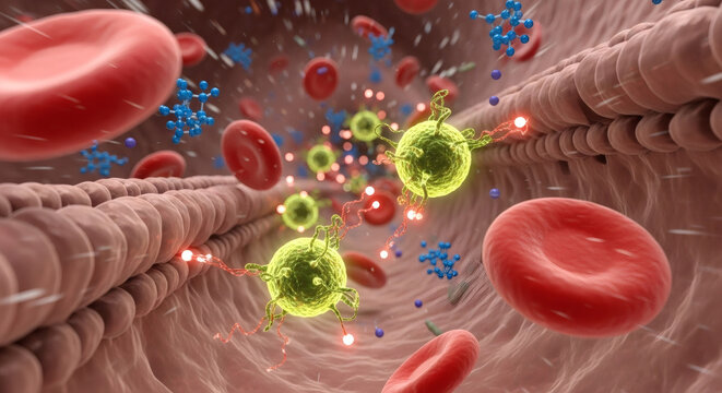 Microscopic view inside a blood vessel showing red blood cells, immune cells, and platelets in motion.