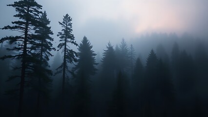 A misty forest at dusk, tall pines shrouded in fog, evoking a sense of mystery and quiet solitude.