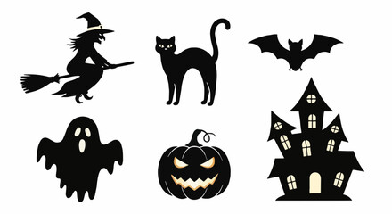 Halloween Silhouettes Vector Set: Spooky Witch, Black Cat, Jack-o'-lantern, Ghost, Haunted House, Bat Icons. Festive Assets.