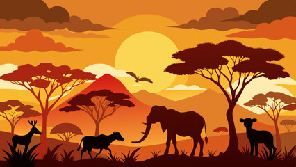 Fototapeta premium african safari animal silhouette landscape scene
