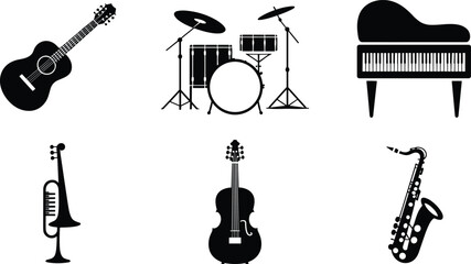 Musical instrument icons collection including guitar, piano, drum, violin, trumpet, saxophone, perfect for music design, education, vector art.
