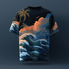 A dark navy blue t-shirt showcases a vibrant painting-style print of crashing waves and palm trees against an orange-hued sunset sky.