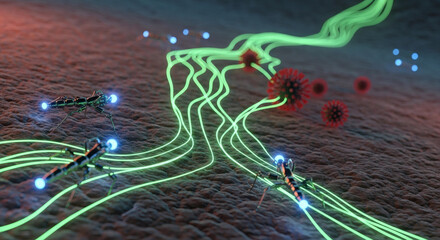 Microscopic view of glowing green pathways connecting to cellular structures, with red viral particles and small blue entities interacting within a biological environment.