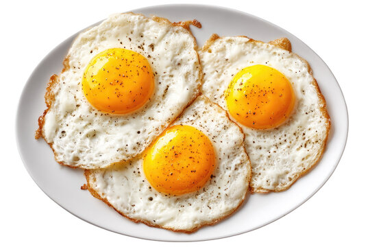 Three fried eggs on a white plate.  Sunny-side up yolks, speckled with pepper