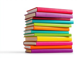 Vibrant stack of colorful hardcover books arranged neatly on a clean white background, perfect for education and learning.