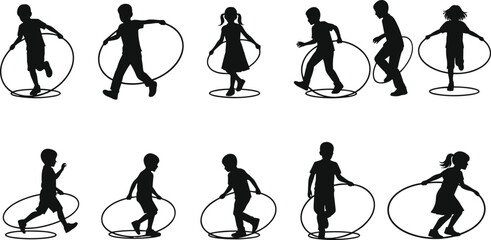 Silhouettes of children playing with hula hoops, kids exercising outdoors, active kids, playful children, fitness fun, healthy lifestyle, joyful playtime