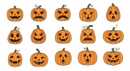Assets for Halloween: Spooky Jack-o'-lantern Pumpkins Vector Set with Scary Faces and Diverse Expressions, Cartoon Illustration on White