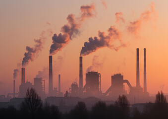 Industrial pollution at dusk showing plumes of smoke rising from factory chimneys. Industrial pollution background highlights environmental damage caused by manufacturing facilities,
