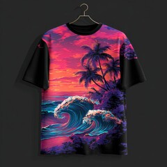 Vibrant sunset seascape adorns a black t-shirt, showcasing large, stylized ocean waves and tropical palms in a bold design.