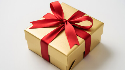 Obraz premium Gold gift box with red ribbon and bow on a white background present golden