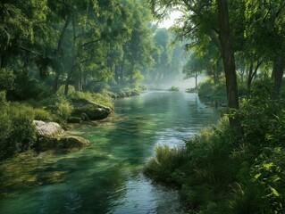 Obraz premium Serene forest river flows through lush green woods with sunlight dappling the tranquil water and mossy rocks.
