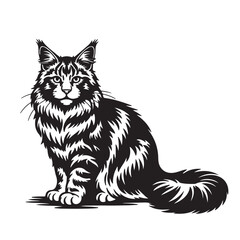 Fototapeta premium Black and white illustration of fluffy long haired cat sitting