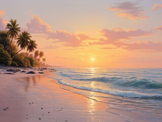 Serene tropical beach at sunset, golden hour light on gentle waves and palm trees