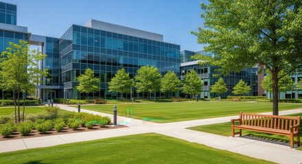 Modern Corporate Office Building with Lush Green Landscaping and Outdoor Seating Area