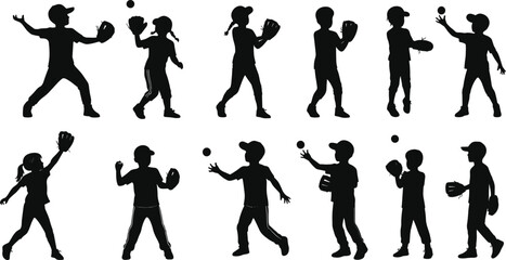 Silhouettes of children playing baseball, kids throwing and catching ball, outdoor sports activity, youth teamwork, baseball gloves, active children, childhood fun