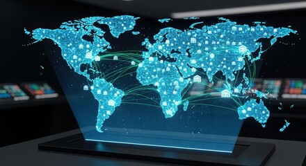 Global Digital Network Connectivity Lighted World Map Futuristic Technology Display