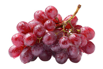 Close-up of a bunch of plump, red grapes.  Fresh, glistening with water droplets.  Stem and leaves attached.  Isolated on black background