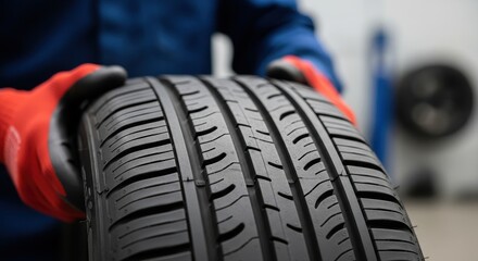 Close up of a mechanic's gloved hands holding a new car tire showing tread pattern detail