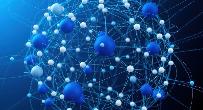 Abstract interconnected spheres and nodes representing complex data network visualization and digital connections