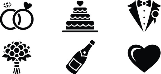 Wedding icons set including engagement rings, wedding cake, tuxedo, bouquet, champagne bottle, heart symbol, love, celebration, marriage, romance.