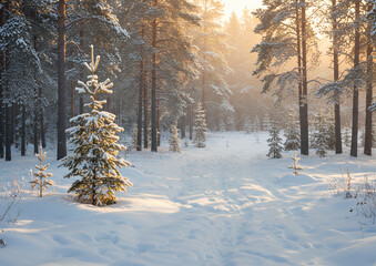 Obraz premium Snow covered trees in winter landscape during sunny day, creating winter landscape scene. Detailed winter landscape features fresh snow and evergreen trees in sunlight.