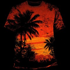 A vibrant graphic tee design displays a sunset scene, with silhouette palm trees and tropical foliage against a fiery orange and red backdrop.