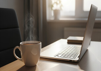 Fototapeta premium Laptop and coffee on desk, business concept scene with steaming coffee cup and open laptop on wooden desk. Remote work with coffee on desk concept and book in background.
