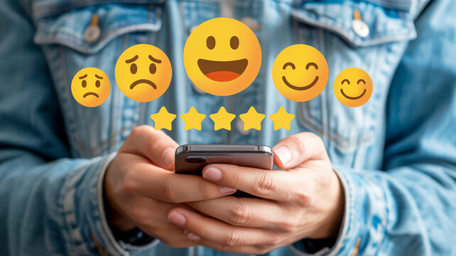 Person holding smartphone with emoji rating and star review icons floating above mobile phone hand