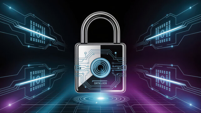 Central digital padlock with a camera lens aperture, surrounded by glowing circuit board elements and abstract light patterns, representing secure surveillance and digital identity