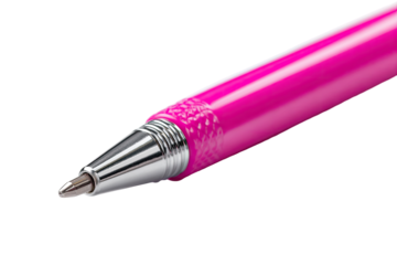 Close-up of a vibrant hot pink ballpoint pen, showcasing the tip and a portion of the barrel.  The tip is metallic, and subtle, decorative etching is visible on the barrel