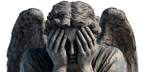 Stone angel statue with hands covering face in grief and despair Closeup of weathered sculpture expressing sadness, mourning, and loss