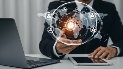 Global business connections concept with man holding world network, digital transformation, modern technology, and collaboration - Powered by Adobe