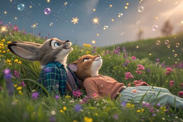AI-generated image Magical illustration of a fox and rabbit couple relaxing in a field of wildflowers, gazing at a sky full of glowing stars. A dreamy and romantic scene.

