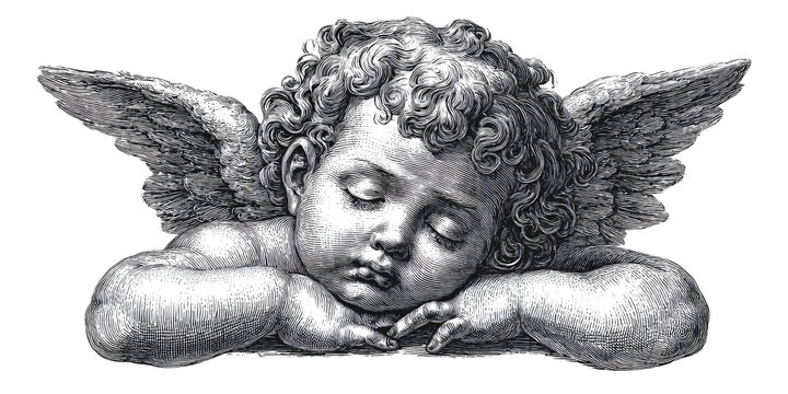 Engraving of a Sleeping Baby Angel with Wings in Vintage Style, Symbolizing Innocence, Peace, and Serenity